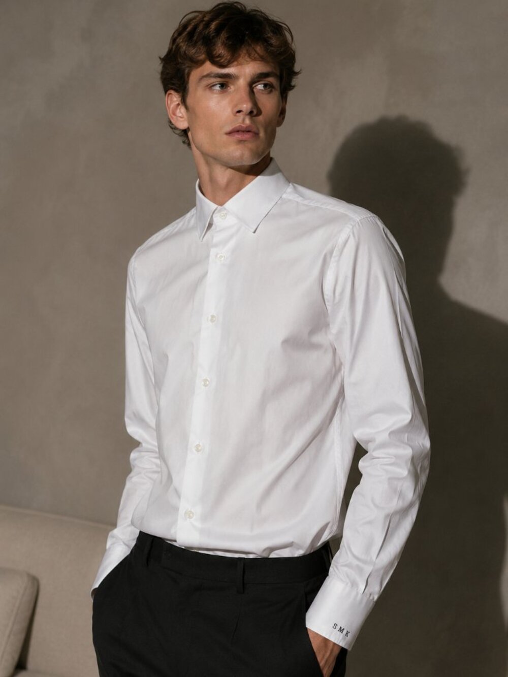 David Donahue Trim White Cotton Dress Shirt 15.5 34/35 Monogram SMK